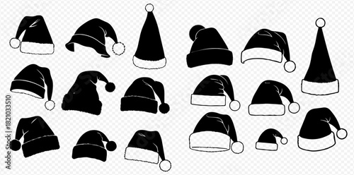 Collection of black Santa hats with white trim and pom-poms in various styles, perfect for Christmas and holiday designs.