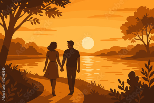 Riverside Romance at Sunset. Romantic riverside scene with a couple walking hand-in-hand at sunset, warm golden vector