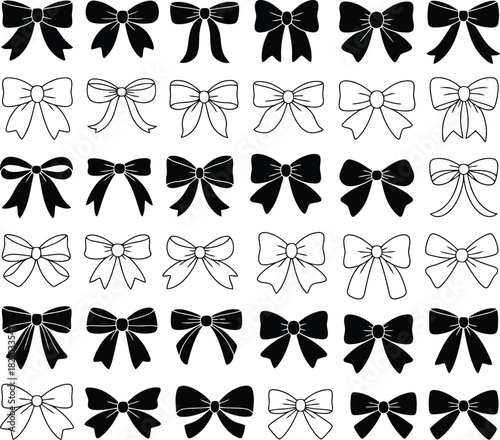 Various black and outline ribbon bows for celebration design.