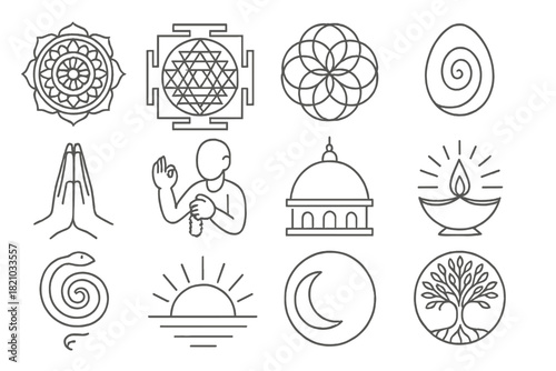 Spiritual Cosmos Icons. Line style icons of spiritual cosmos: mandala, yantra, sacred flower, cosmic egg; prayer hands, chanting