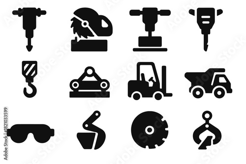 Quarry Equipment Icons. Solid style icons of Quarry Equipment: jackhammer, diamond saw, stone cutter, hydraulic drill, crane hook,