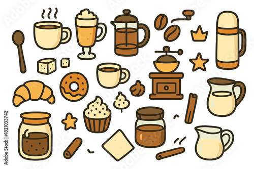 Collection of food and drink items, including coffee, donuts, and cups