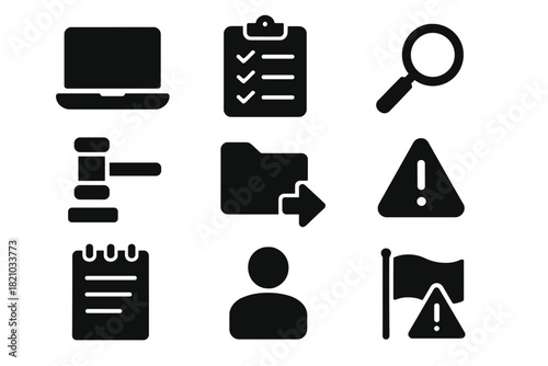Content Moderation Icons. Solid style icons of content review and moderation tools: laptop, checklist, magnifying glass, gavel,