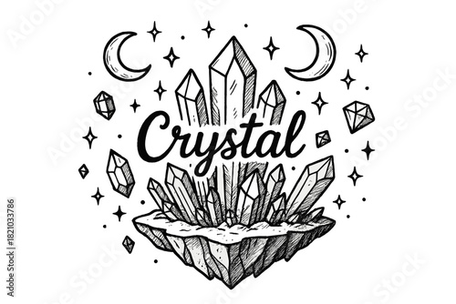 Crystal Island Fantasy. Hand-drawn crystal island with moons, gems, and sparkles, center word “Crystal” in black and white