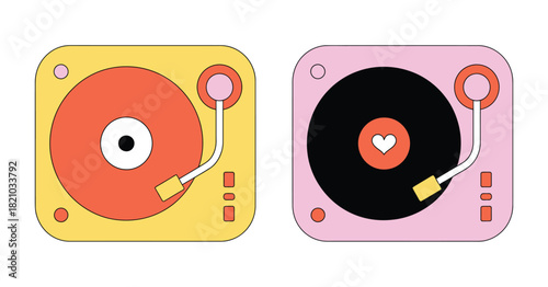 Two stylized retro record players, one yellow with a red vinyl and the other pink with a black vinyl featuring a heart emblem, are presented side-by-side against a clean white background, evoking a