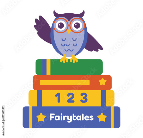 A friendly, bespectacled cartoon owl is perched atop a stack of colorful books, with one wing raised in a wave, symbolizing education and storytelling.