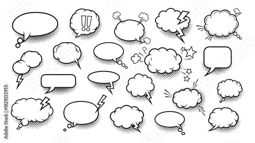Collection of hand drawn speech bubbles and thought clouds in sketchy style