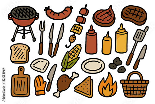 Cartoon drawing of various food items and utensils, including a knife, a fork