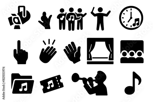 Music Performance Icons. Solid style icons of Music performance and rehearsal: stage spotlight, ensemble group, conductor gesture,
