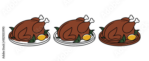 Three roasted chickens are presented on platters with lemons and leaves, showcasing different serving dishes for a meal.