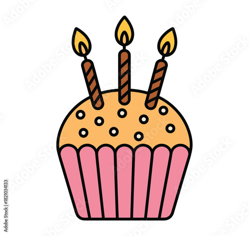 A sweet cupcake with three lit candles sits ready for a celebration, representing a special occasion like a birthday or anniversary.