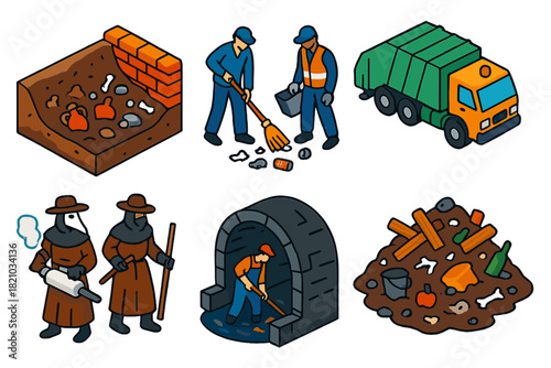 History of Waste Management. Isometric vector illustration set History of waste management: Roman landfills, street sweepers,