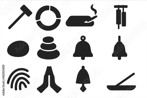Zen Meditation Icons. Solid style icons of Zen and meditative tools: zen rake, stone circle, sitting mat, incense stick,
