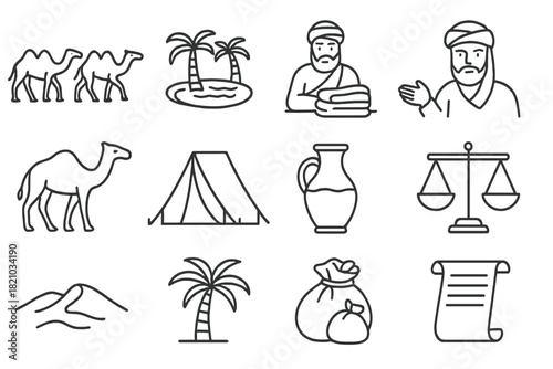 Trade Route Icons. Line style icons of Trade Route: Caravan, Oasis, Silk Merchant, Trader; Camel, Tent, Water Jar, Scale; Sand