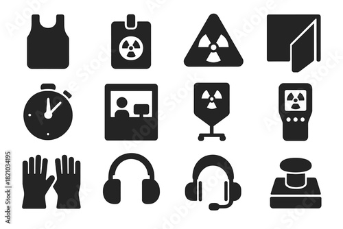 Radiology Safety Icons. Solid style icons of Safety in Radiology: lead apron, radiation badge, warning symbol, protective wall,