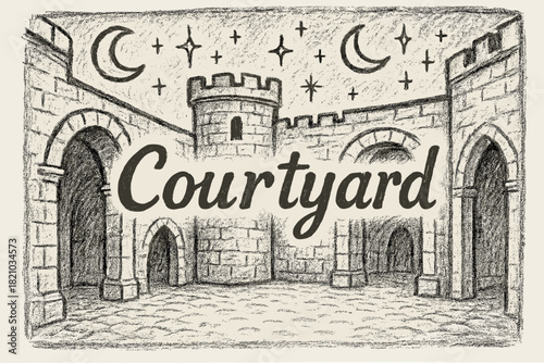Magical Castle Courtyard. Hand-drawn castle courtyard with moons, arches, and sparkles, center word “Courtyard” in black and white
