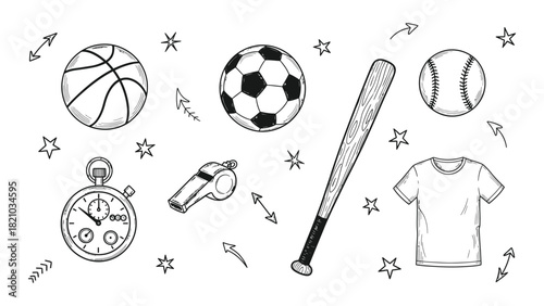 Hand drawn collection of sports equipment and accessories on a white background