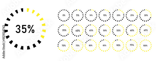 Set of round percentage diagrams with a scale from 0 to 100 percent for  infographic and UI, Progress, download, and upload, percentage meter in black and yellow color