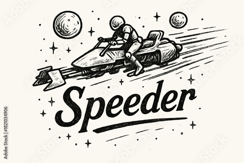 Speeder Bike Art. Hand-drawn speeder bike with moons, trails, and sparkles, center word “Speeder” in black and white isolated