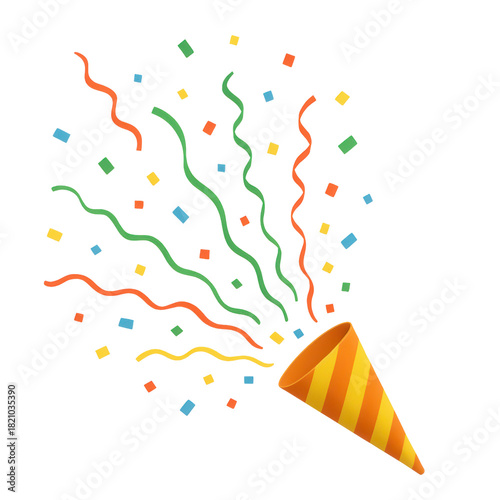 Colorful Party Popper Exploding Confetti and Streamers Vector Graphic isolated PNG with Transparent Background
