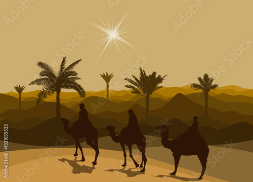 Happy epiphany day design. Three wise men on camel, bright star, nativity of Jesus. hand drawing. Not AI, Vector illustrations.
