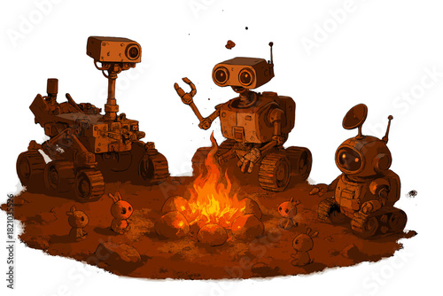 Martian Campfire Gathering. Rover campfire scene on Mars with robots telling stories, rocks glowing, and tiny alien critters