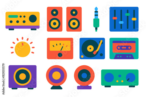 Hi-Fi Audio Icons. Flat vector icons of Hi-Fi Audio Gear: stereo amplifier, speaker pair, headphone jack, EQ sliders, volume knob,