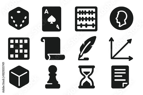 Probability Gaming Icons. Solid style icons of history of probability and gaming: dice, playing card, abacus, coin, game board,
