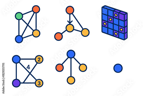 Vibrant Graph Theory Icons. Isometric vector illustration set Graph Theory: connected nodes, directed edges, adjacency matrix grid