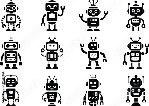 Vector collection of diverse black robot character icons and mascots