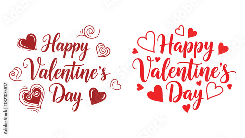 Two elegant red hand lettered happy Valentine's Day designs with hearts and swirls