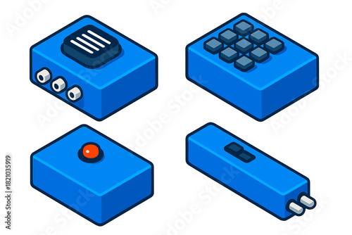 Blue Box Variants. Isometric vector illustration set Blue Box Variants: Touch-tone emulator, dual-tone multi-frequency pad, LED