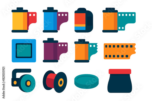 Colorful Film Icons. Flat vector icons of Film Rolls: 35mm roll, 120 film, APS cassette, half-frame roll, slide film, infrared
