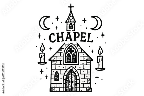 Chapel with Moons. Hand-drawn castle chapel with moons, candles, and sparkles, center word “Chapel” in black and white isolated