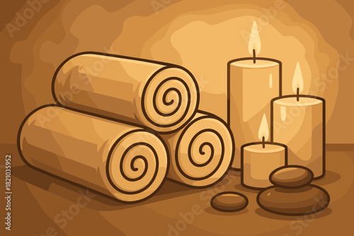 Tranquil Spa Ambiance. Elegant spa setting with rolled vector illustration towels, candles, and smooth stones, soft warm lighting,