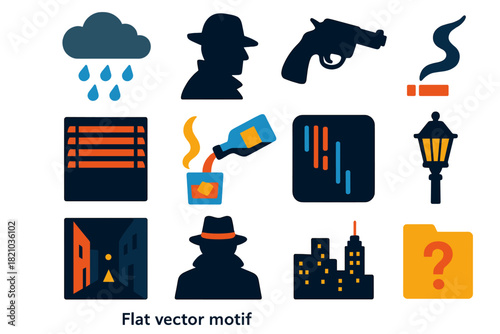 Noir Icon Set. Flat vector icons of Noir Detective Motifs: rain cloud, shadow silhouette, blind slats, revolver shadow, cigarette