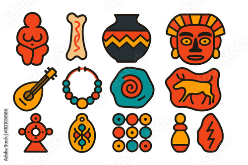 Primitive Artistic Icons. Flat vector icons of early human creativity: sculpture, engraved bone, decorated pottery, ceremonial