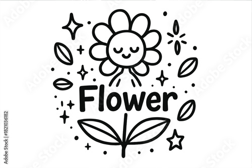 Flower Spirit Doodle. Doodle flower spirit with stars, petals, and sparkles, center word “Flower” in black and white isolated