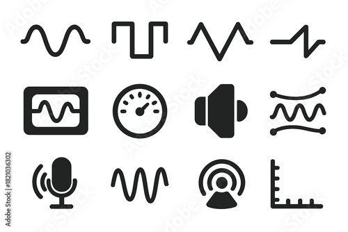 Sound Waves Icons. Solid style icons of Analog Sound Waves: Sine Wave, Square Wave, Triangle Wave, Sawtooth Wave, Oscilloscope,