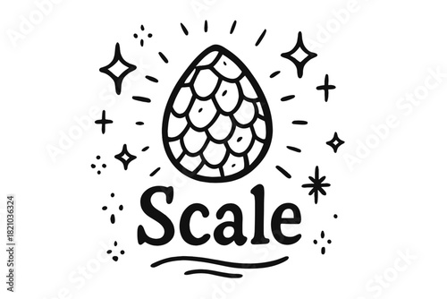 Dragon Scale Doodle. Doodle dragon scale relic with stars, sparks, and sparkles, center word “Scale” in black and white isolated