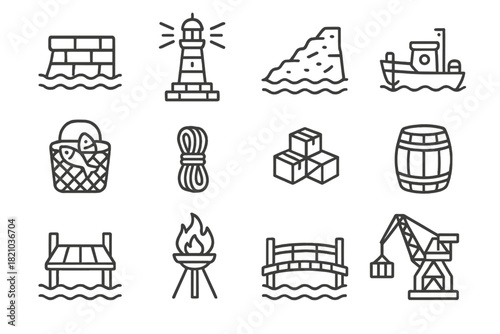 Harbor Line Icons. Line style icons of harbors: stone pier, lighthouse, breakwater, docked boat; fish basket, rope bundle, cargo