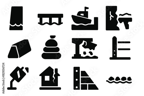 Human Impact Icons. Solid style icons of Human Impact: Seawall, Pier, Harbor, Concrete Block, Sandbag, Road Collapse, Damaged