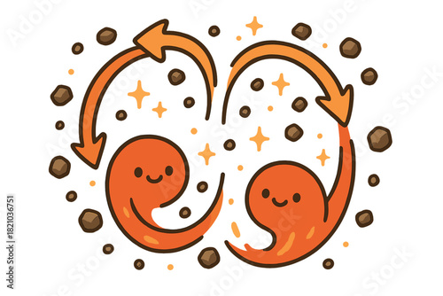 Joyful Mantle Convection. Cute doodle mantle convection with smiling magma currents, cartoon arrows swirling joyfully, tiny rocks