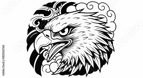 Majestic Eagle Head Detailed Illustration with Open Beak and Fierce Gaze.