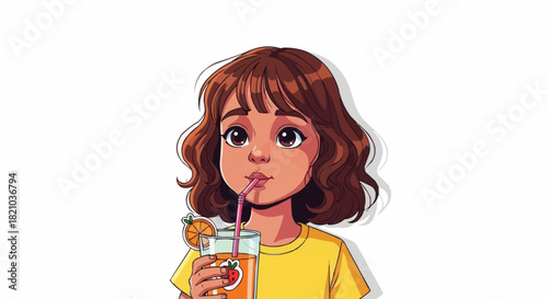 Girl enjoying a refreshing drink with a straw, cartoon style.