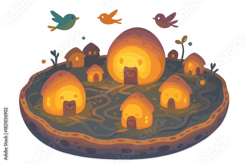 Cellular Wonderland. Cell city with nuclei as glowing houses, histones as cheerful doors, and epigenetic messengers flying like