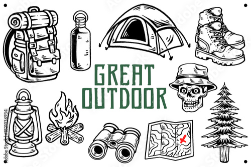 Hand drawn camping equipment collection illustration. Wilderness and survival gear adventure vintage style. Great outdoor camping element retro vector illustration