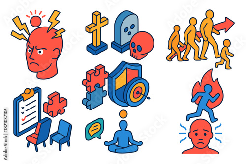 Thanatophobia Symbols Set. Isometric vector illustration set Thanatophobia: human head with fear signals, cultural mortality