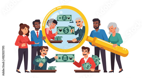 Illustration of a scam investigation with diverse people and counterfeit money detection using a