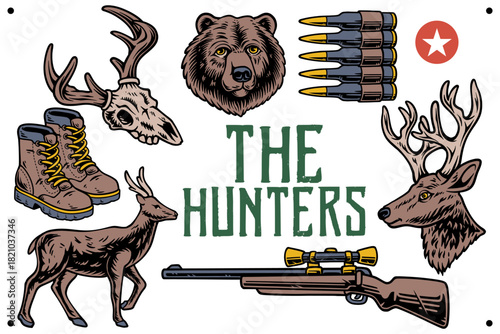 Hunter wildlife vintage retro illustration. Animals and forest adventure. Outdoor hunting animals retro vector illustration